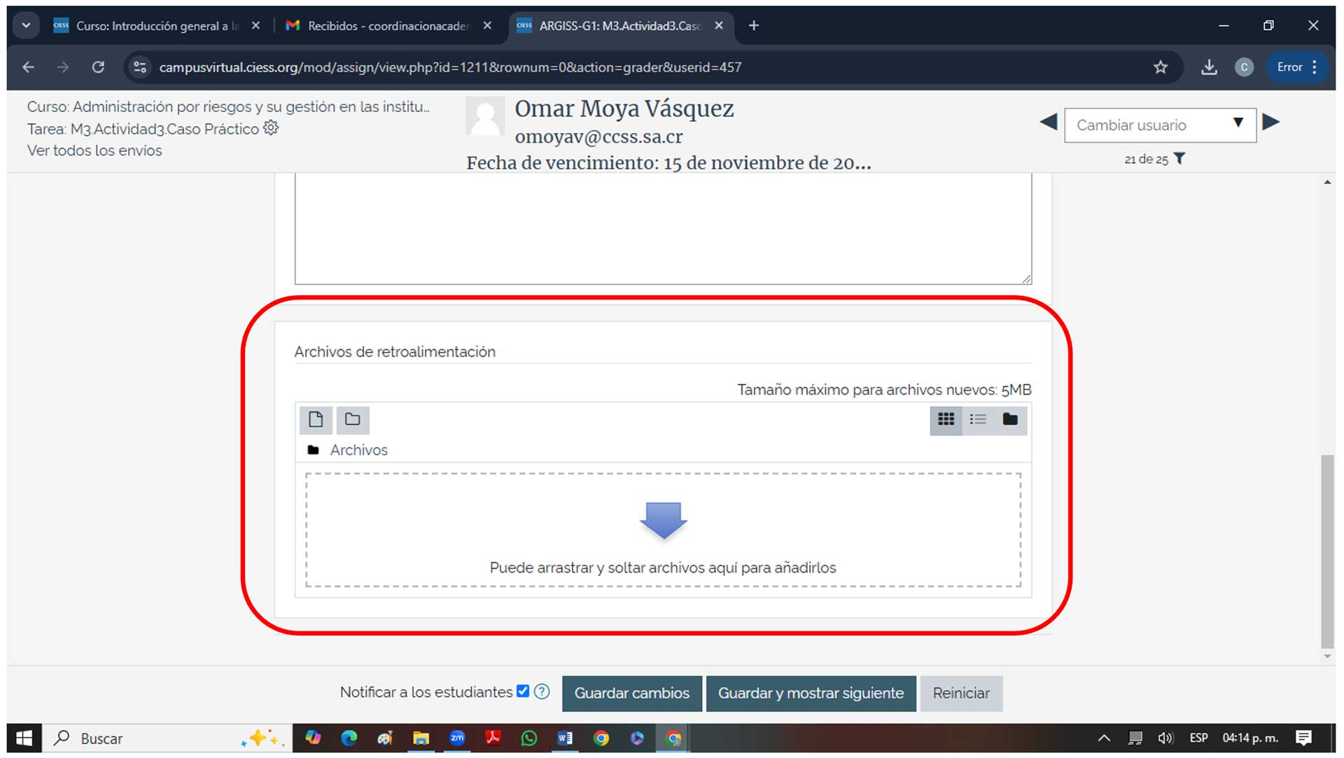 Localizar usuario y sección de retroalimentación