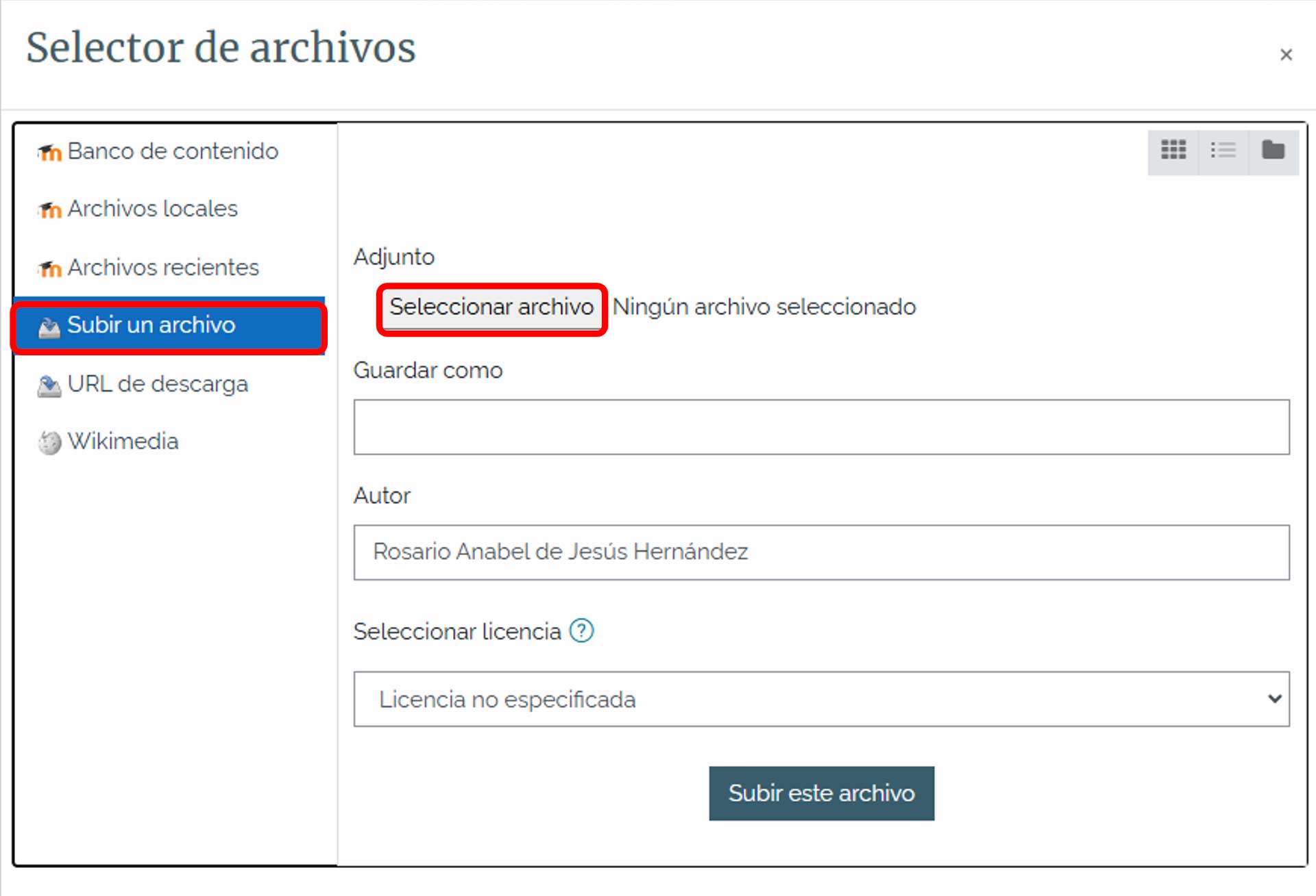 Cuadro de diálogo para subir archivo