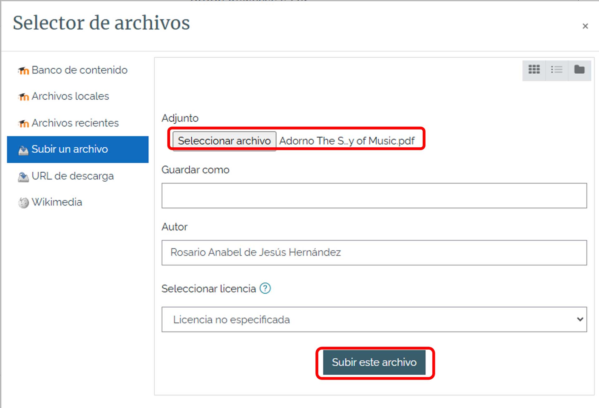 Subir el archivo seleccionado