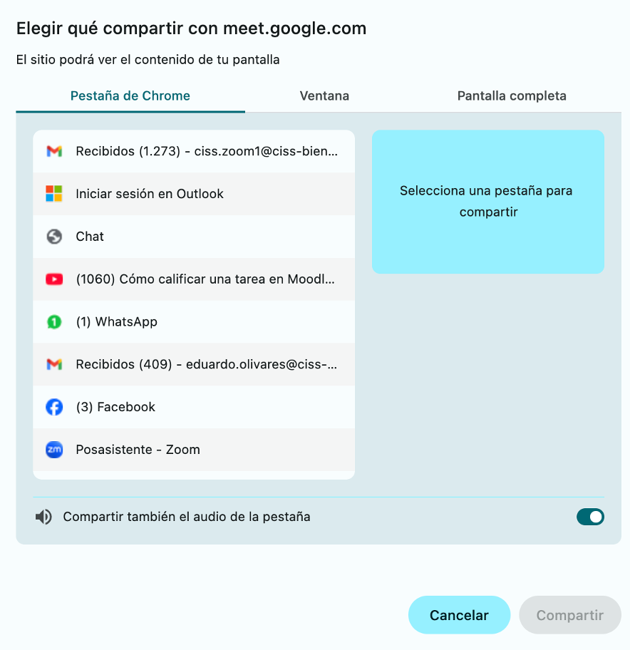 Opciones para compartir pantalla