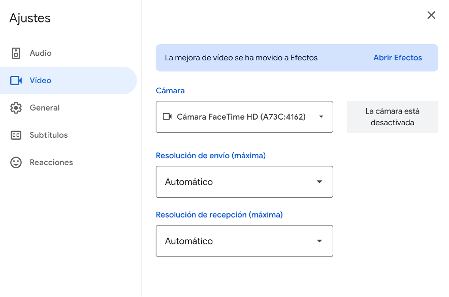Opciones de video y efectos