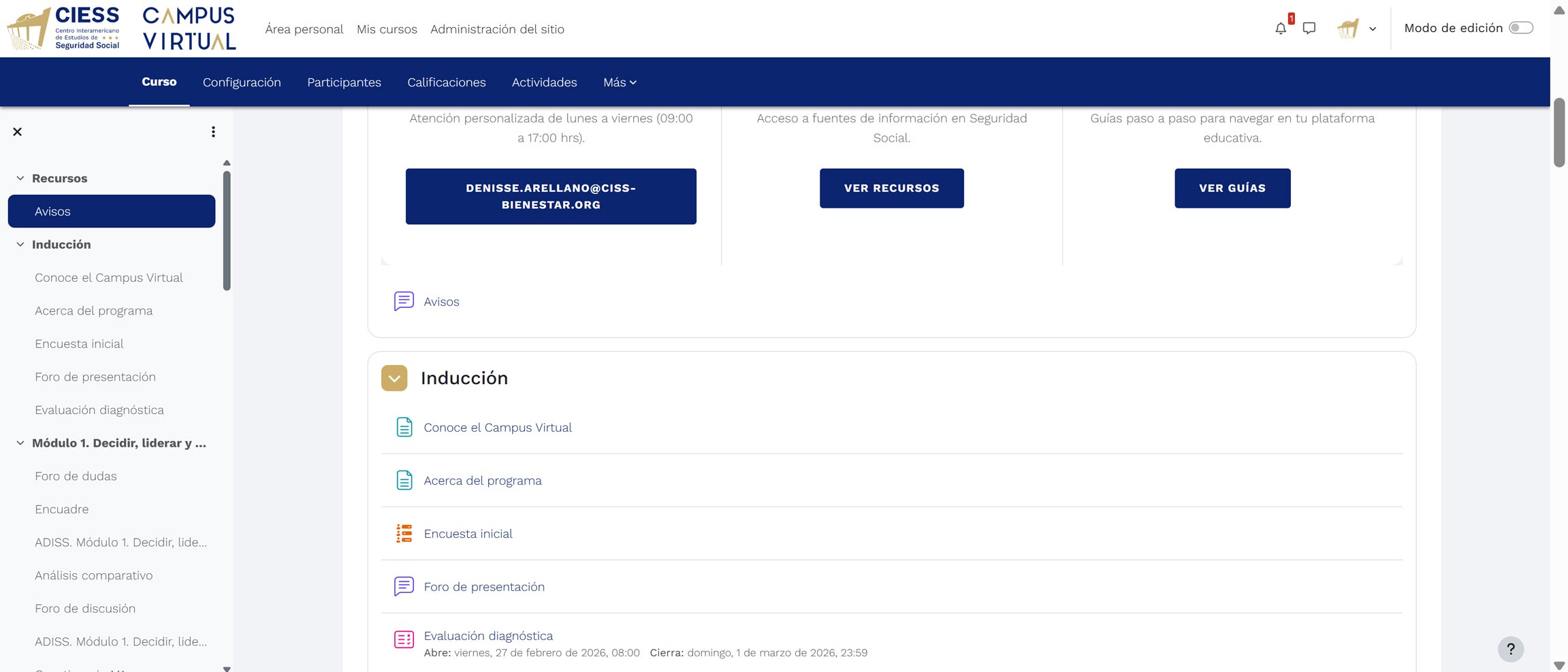 Menú lateral de navegación y secciones