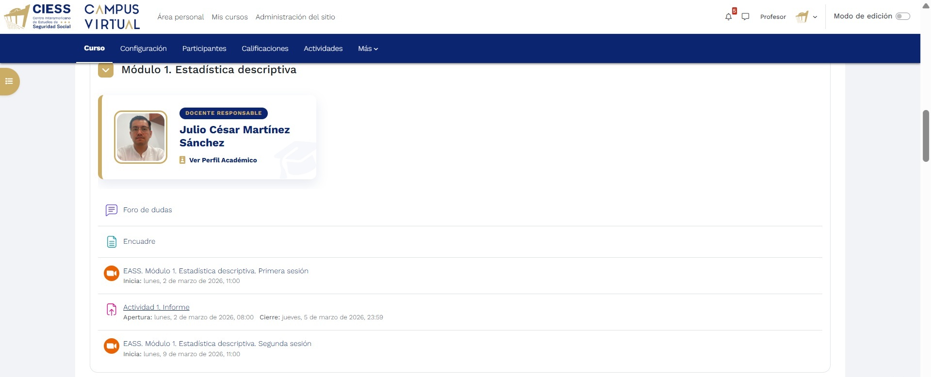 Vista de actividad con información