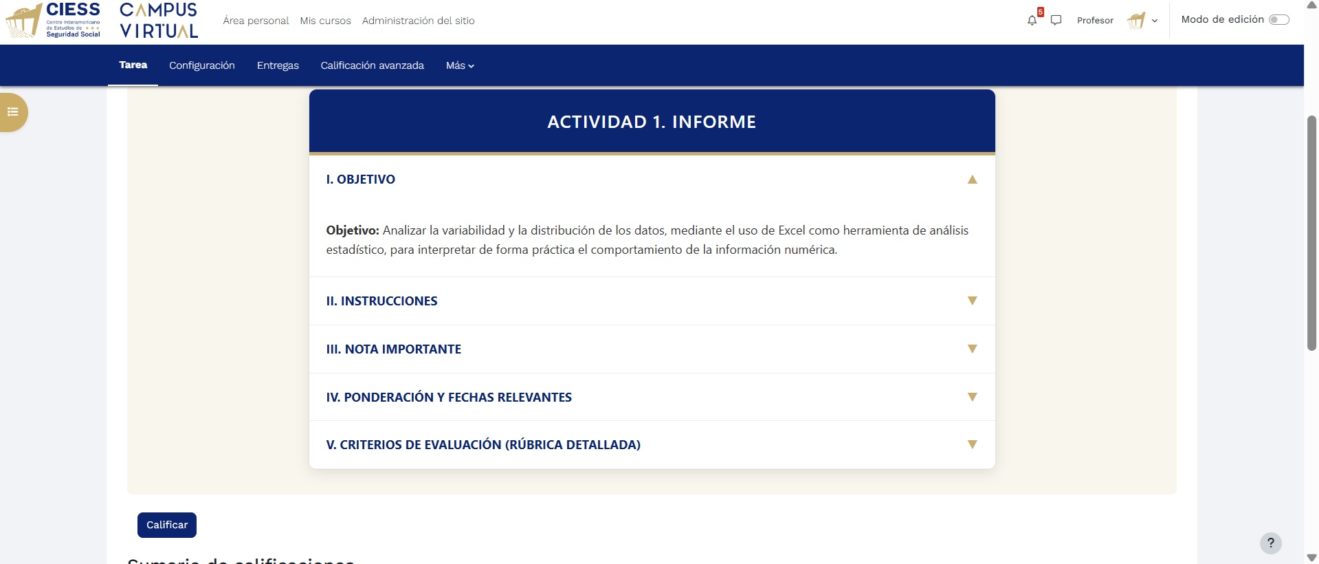Página de actividad con botón Calificar