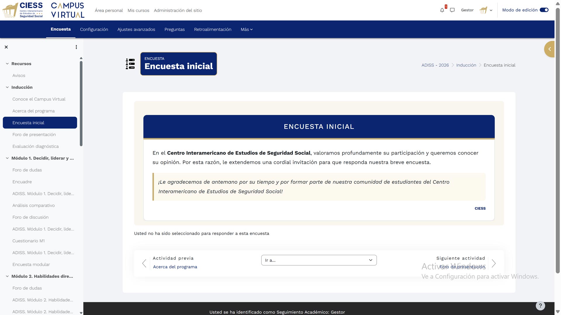 Pantalla de encuesta inicial