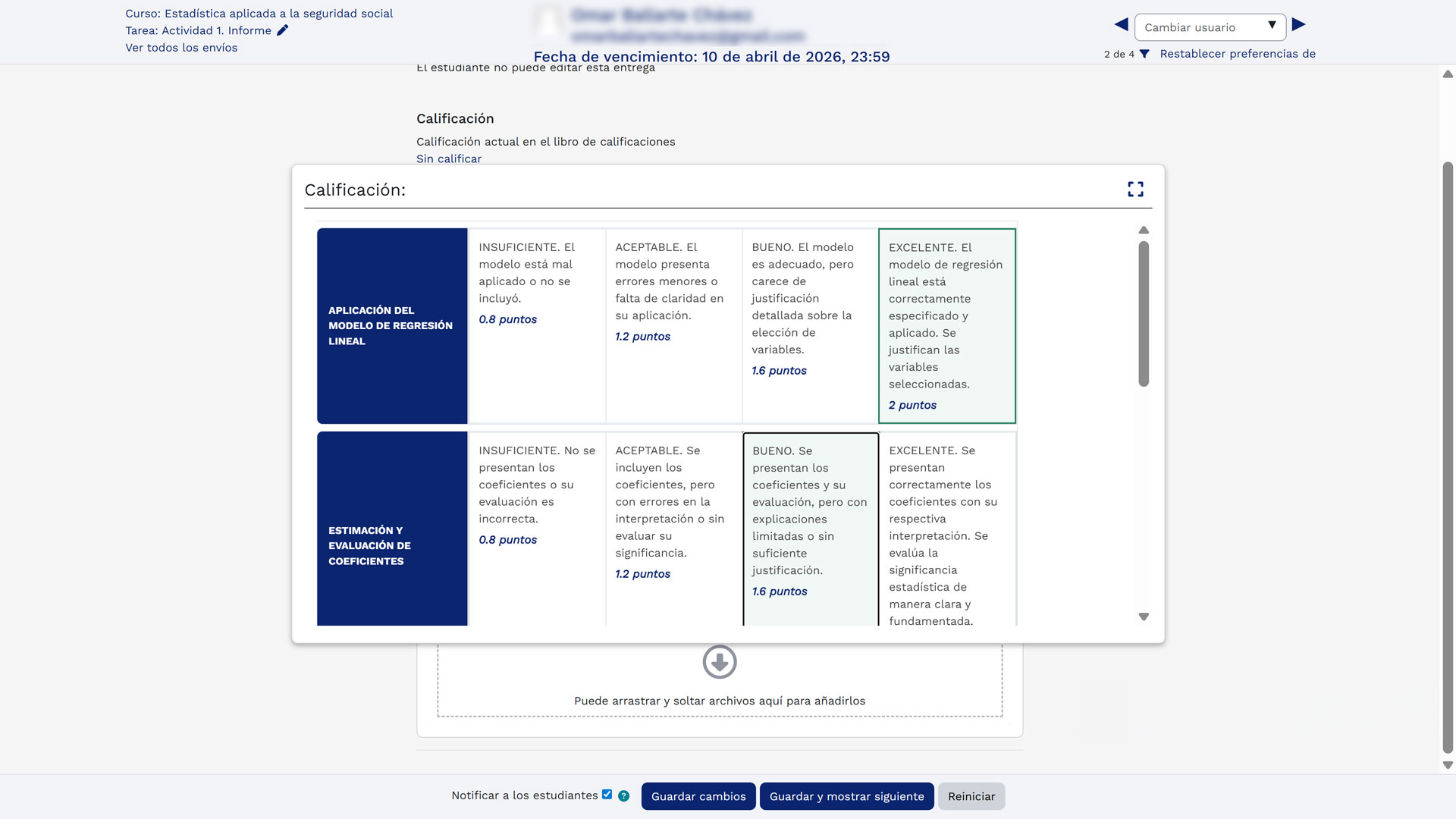 Interfaz de calificación con rúbrica detallada