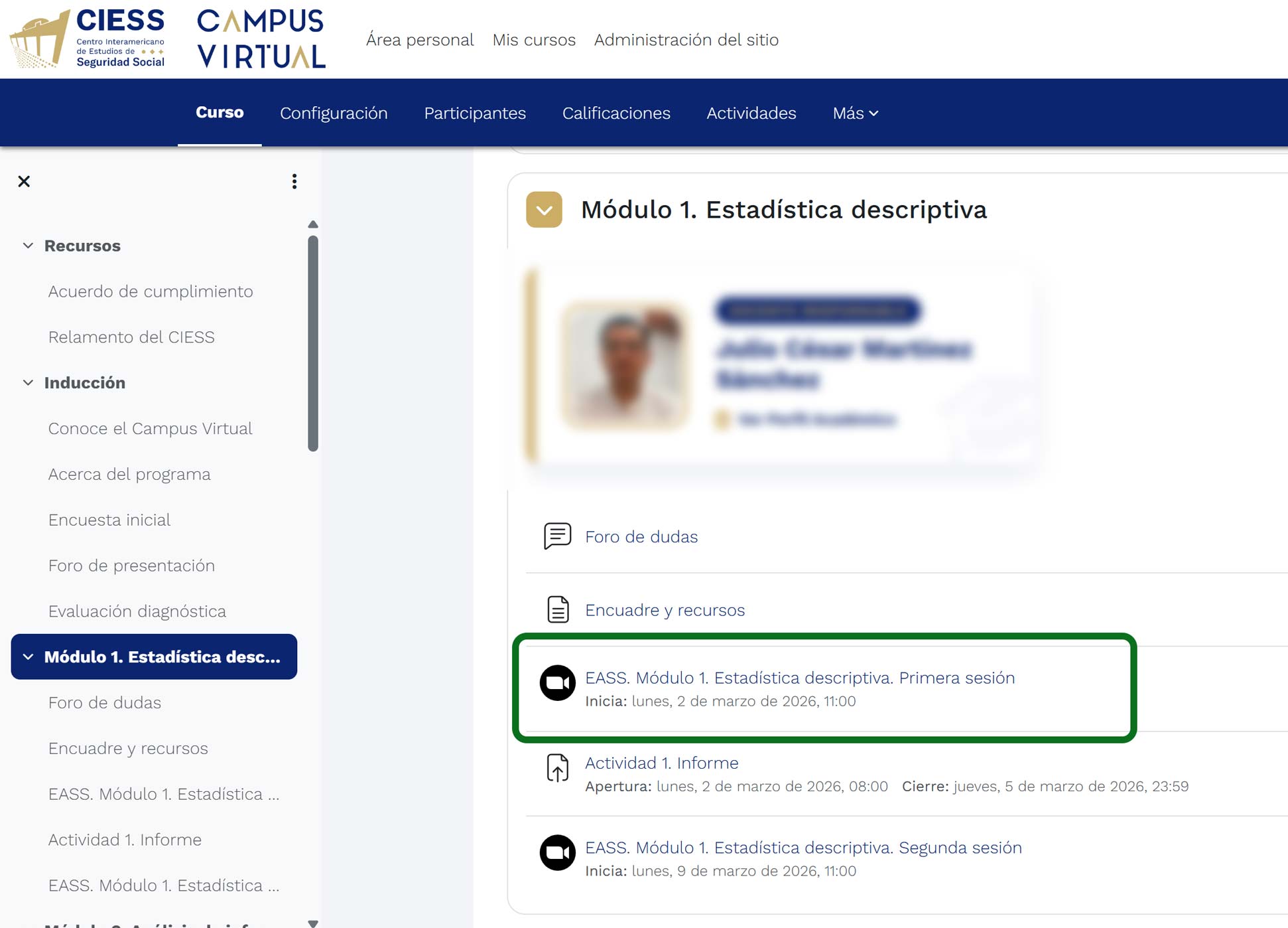 Ubicar la sesión de Zoom en el módulo