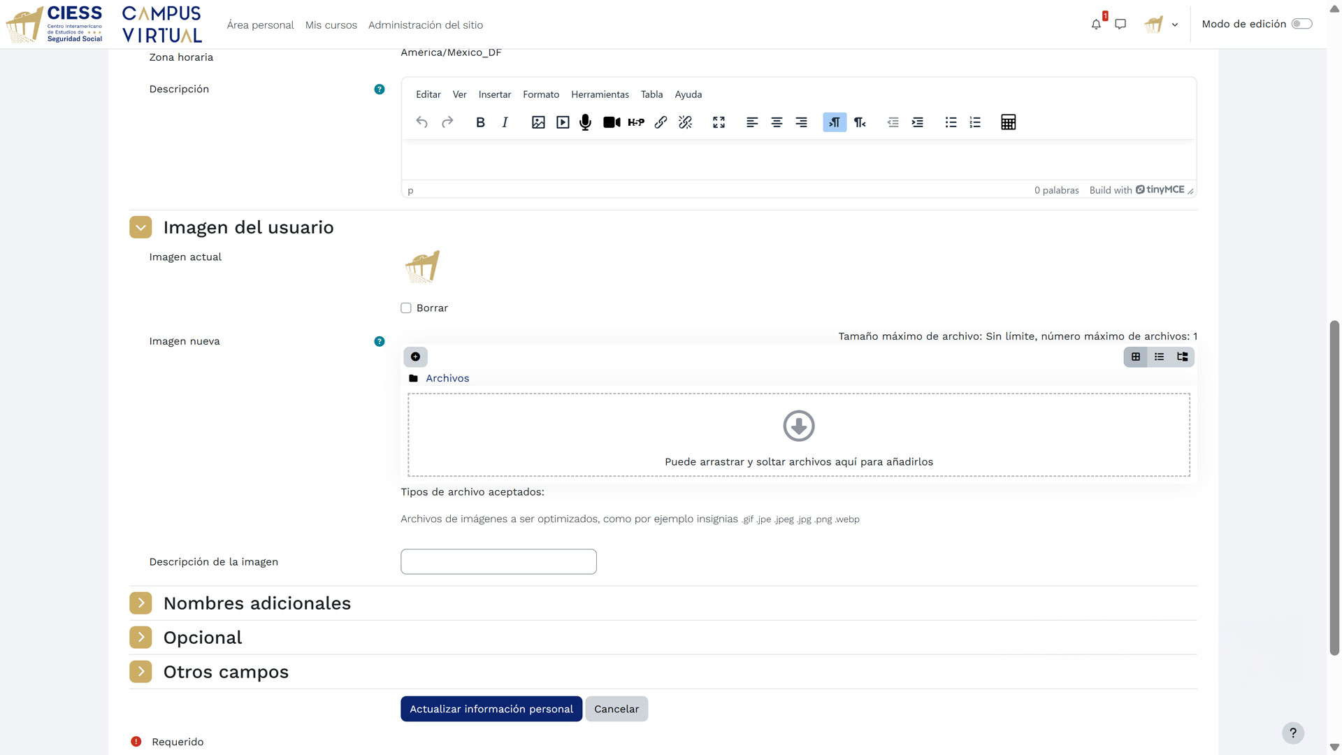 Sección de Imágenes del usuario y campos opcionales
