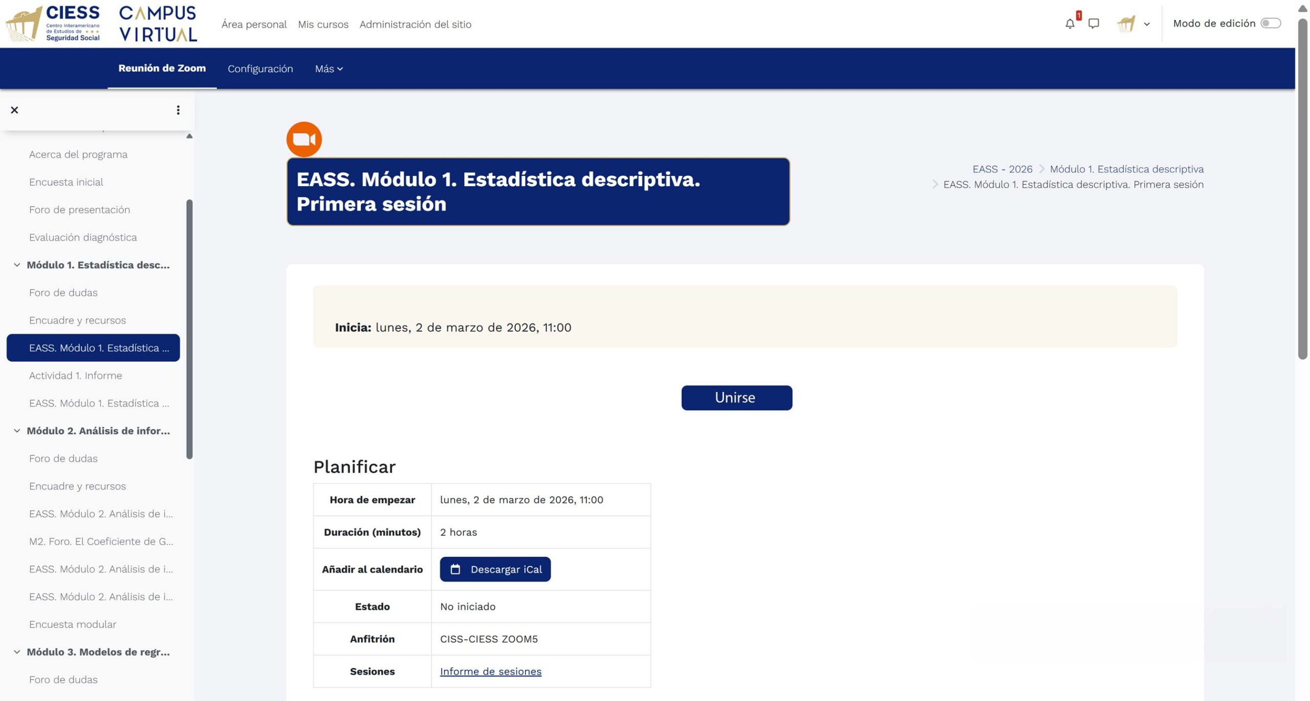 Botón Unirse a la sesión de Zoom