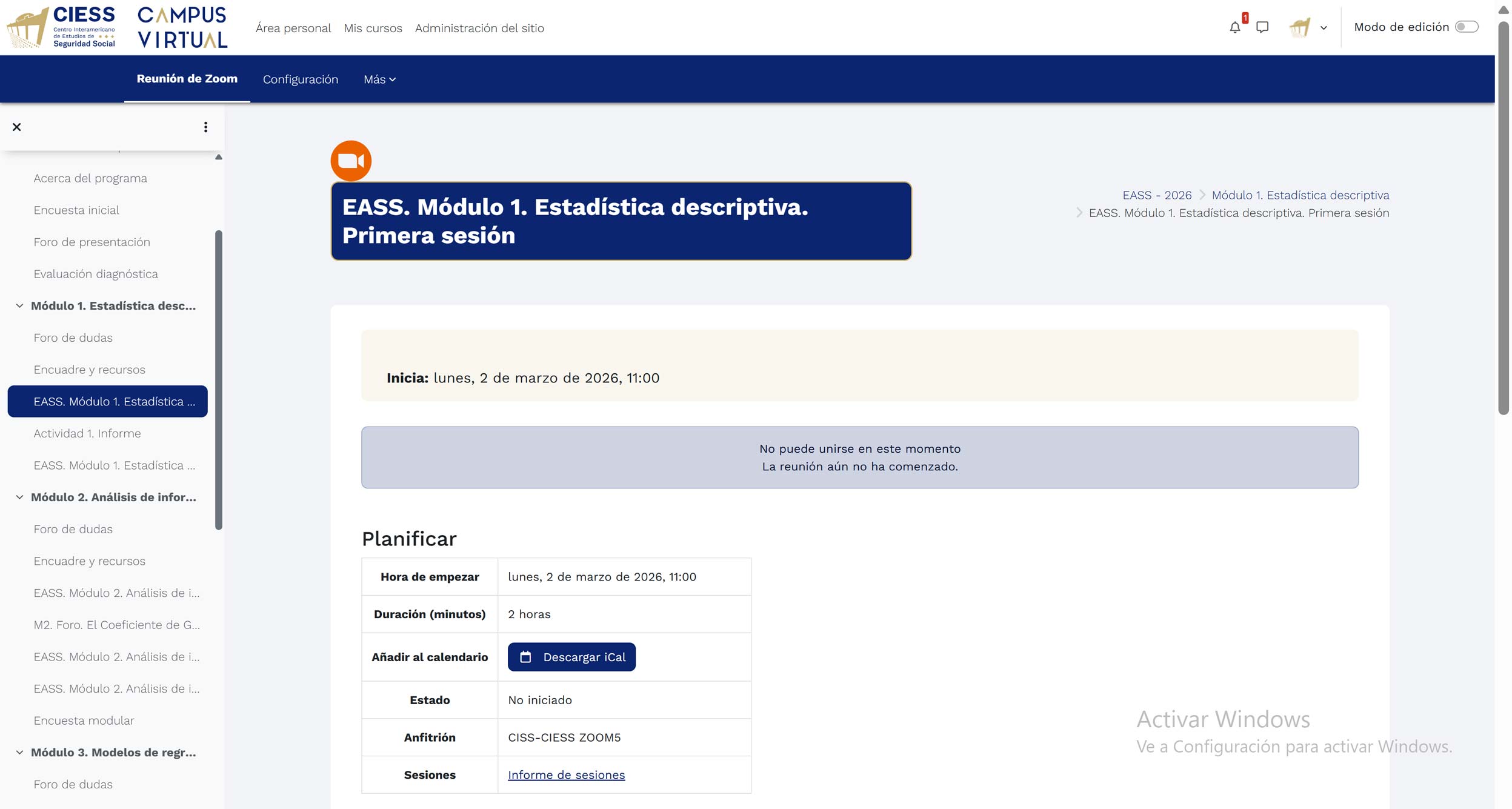 Mensaje de reunión no iniciada