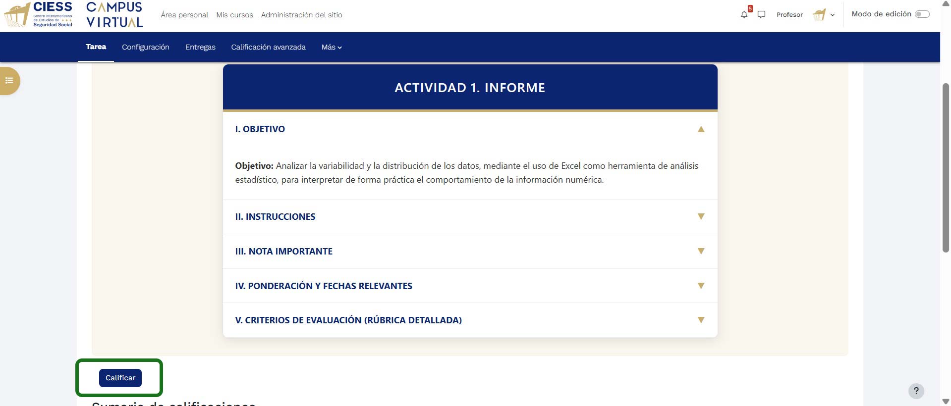 Vista de actividad con botón Calificar