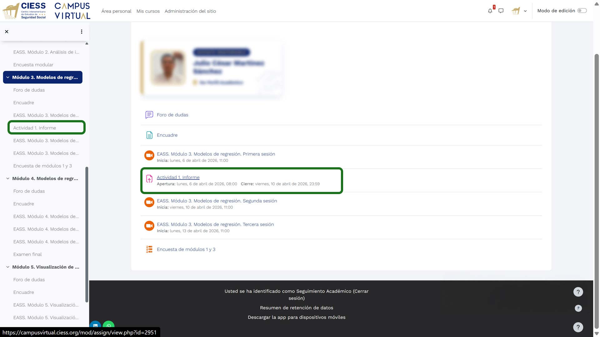 Listado de actividades del módulo