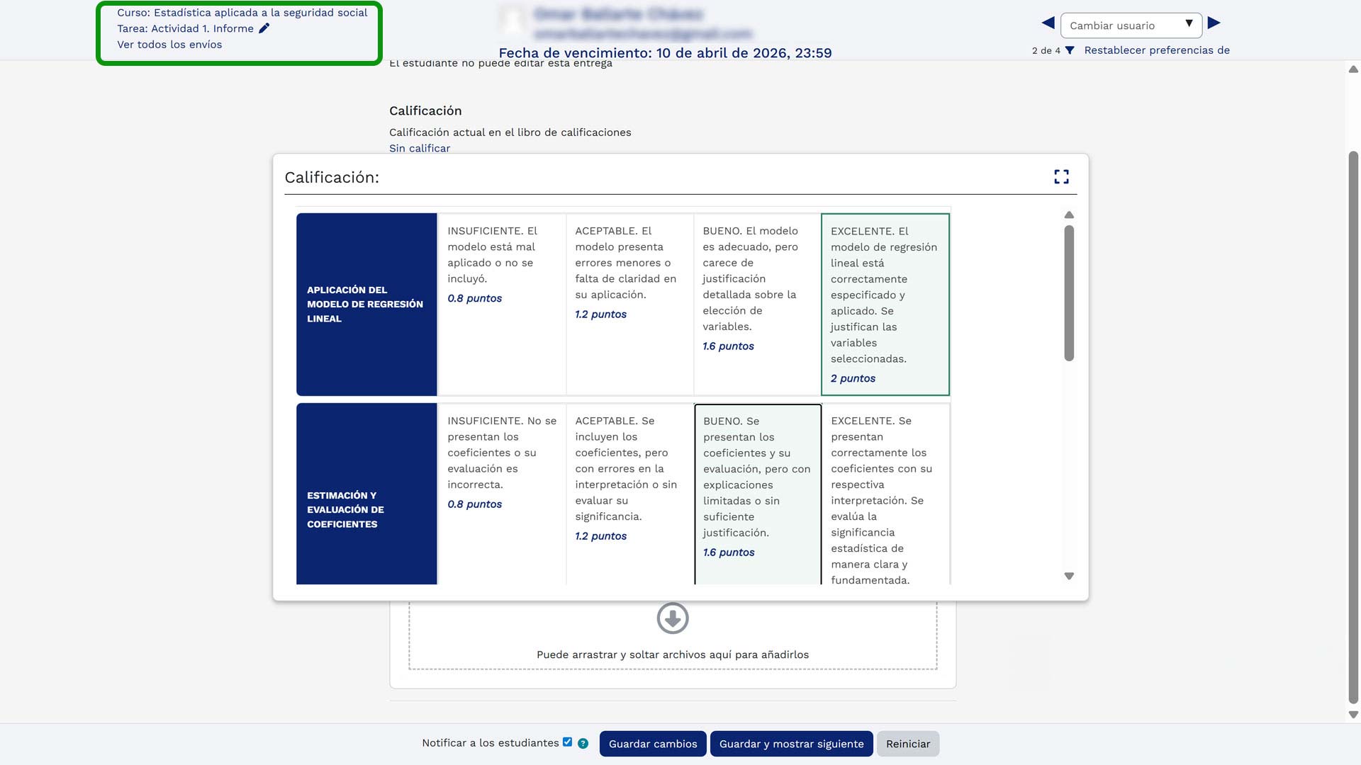 Interfaz de calificación con navegación