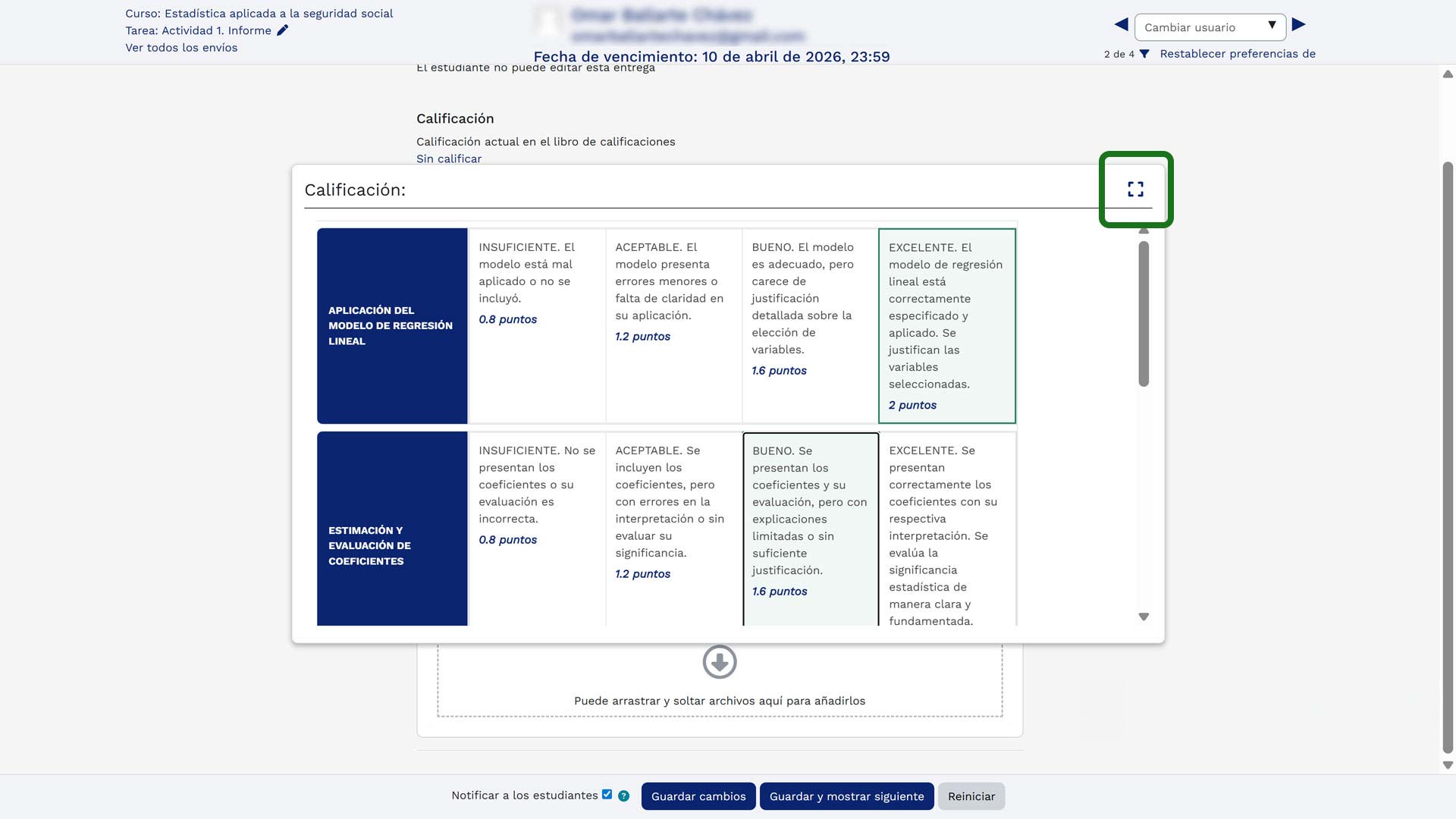 Opción para ampliar la región de calificación