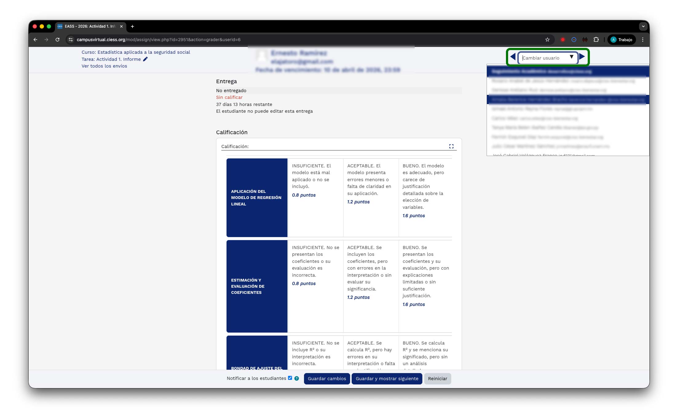 Selección de estudiante y navegación con flechas