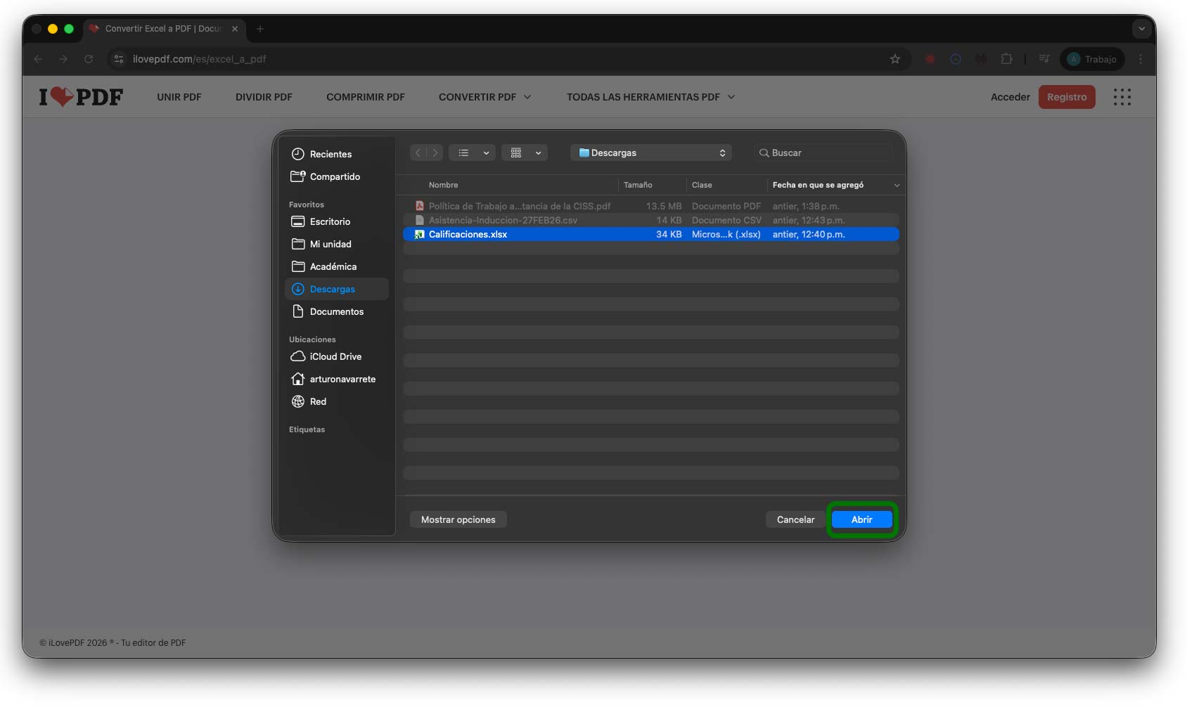 Selección de archivo Excel
