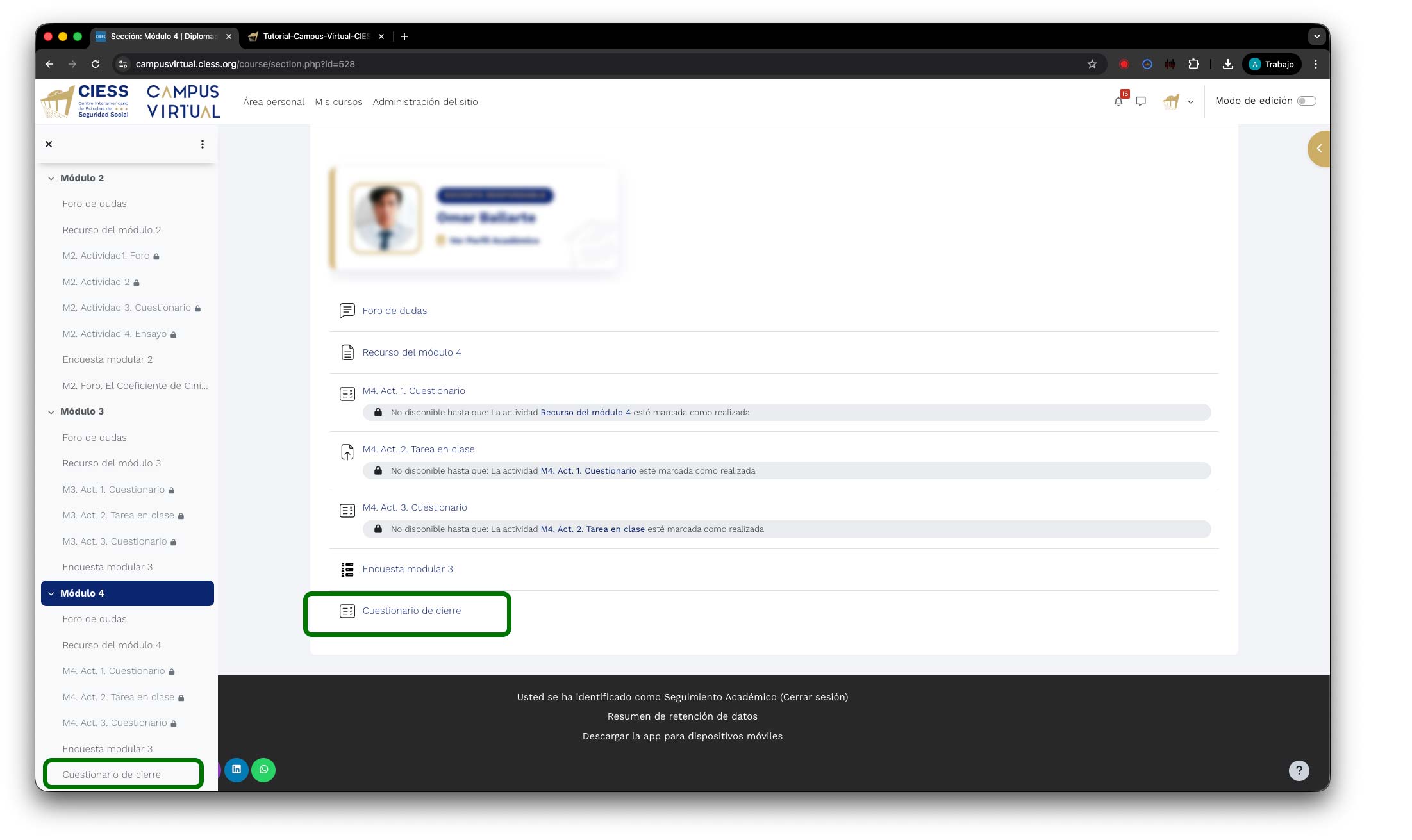 Localización del cuestionario en el módulo
