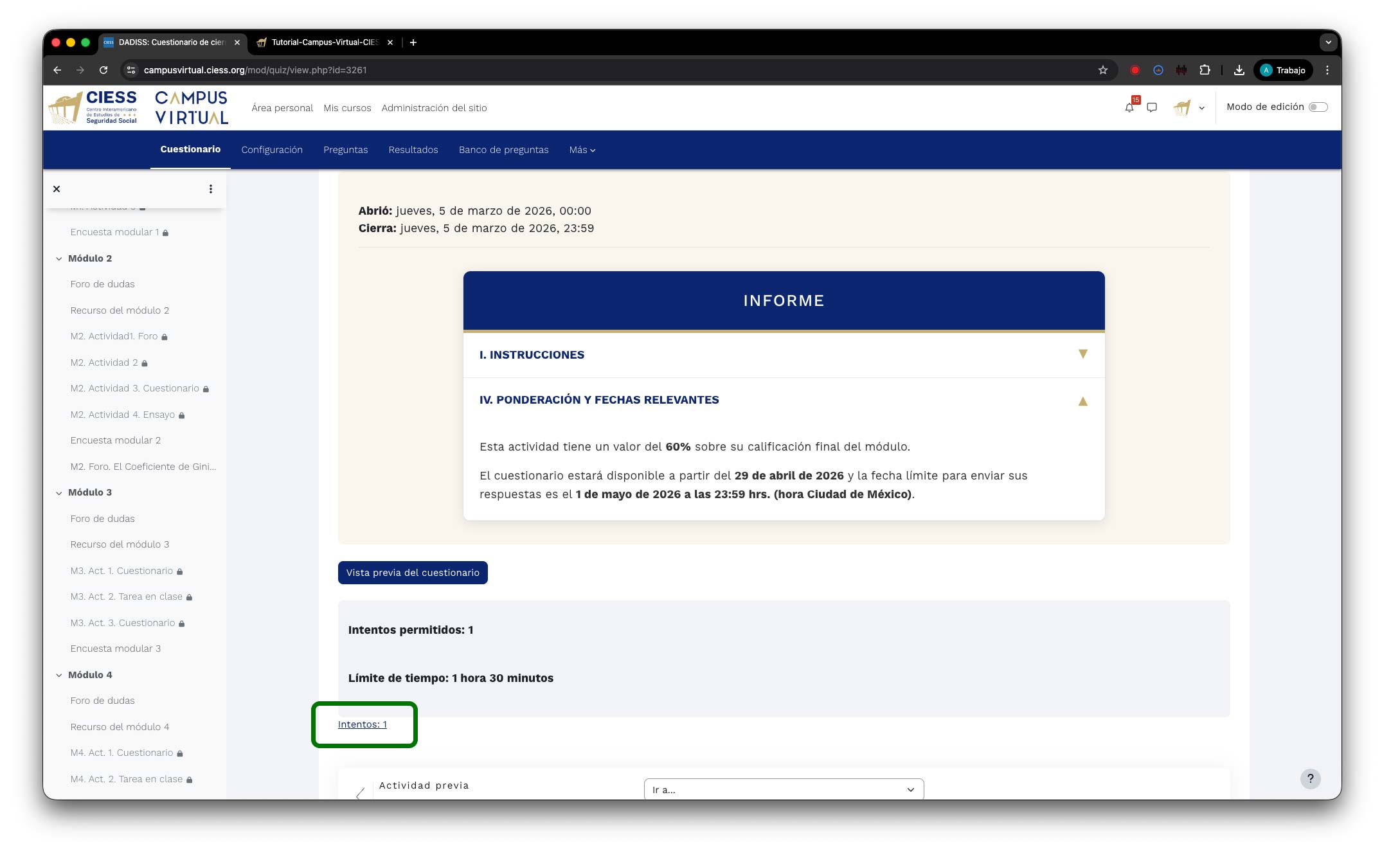 Enlace Intentos en el cuestionario