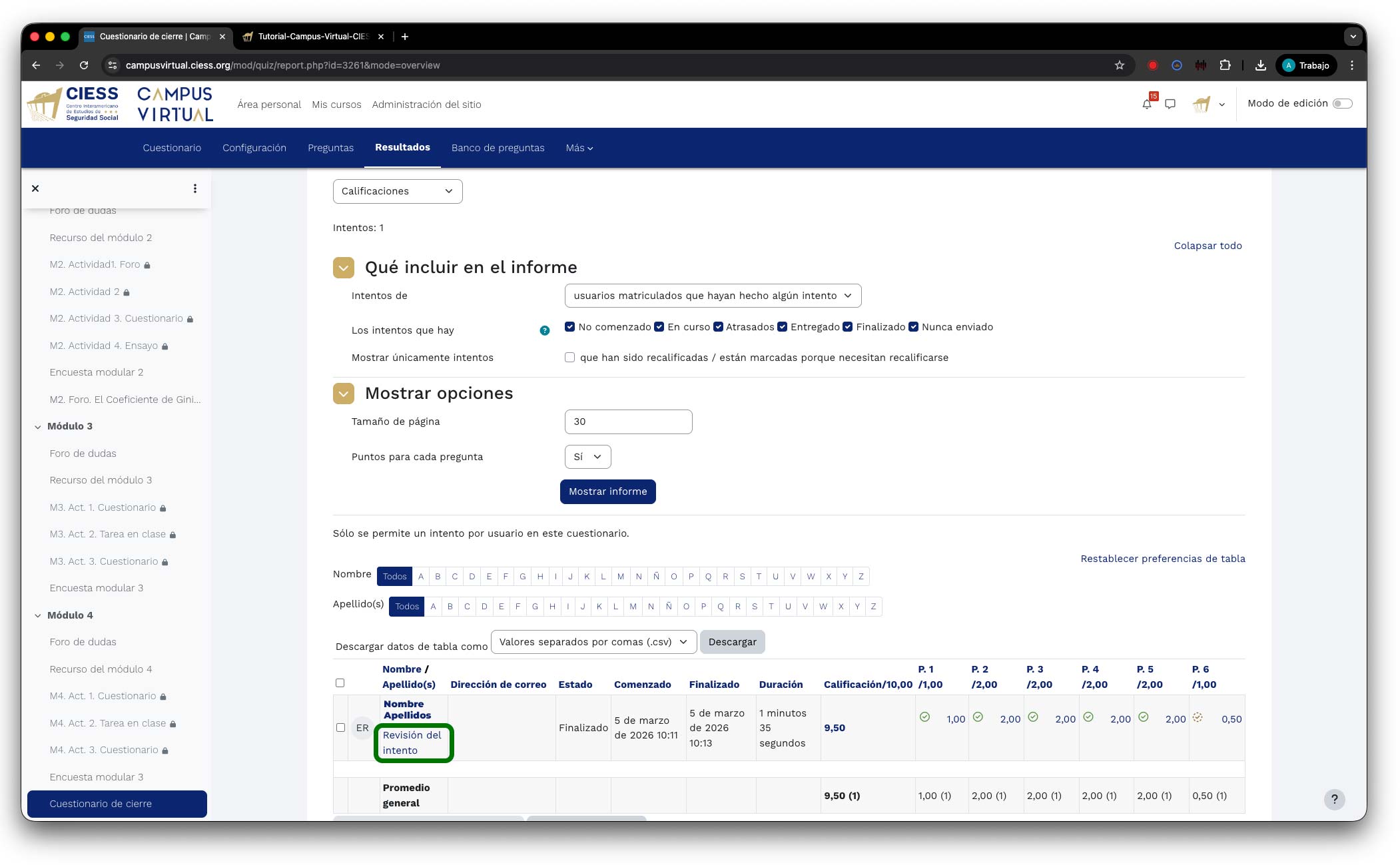 Listado de intentos con enlace Revisión del intento
