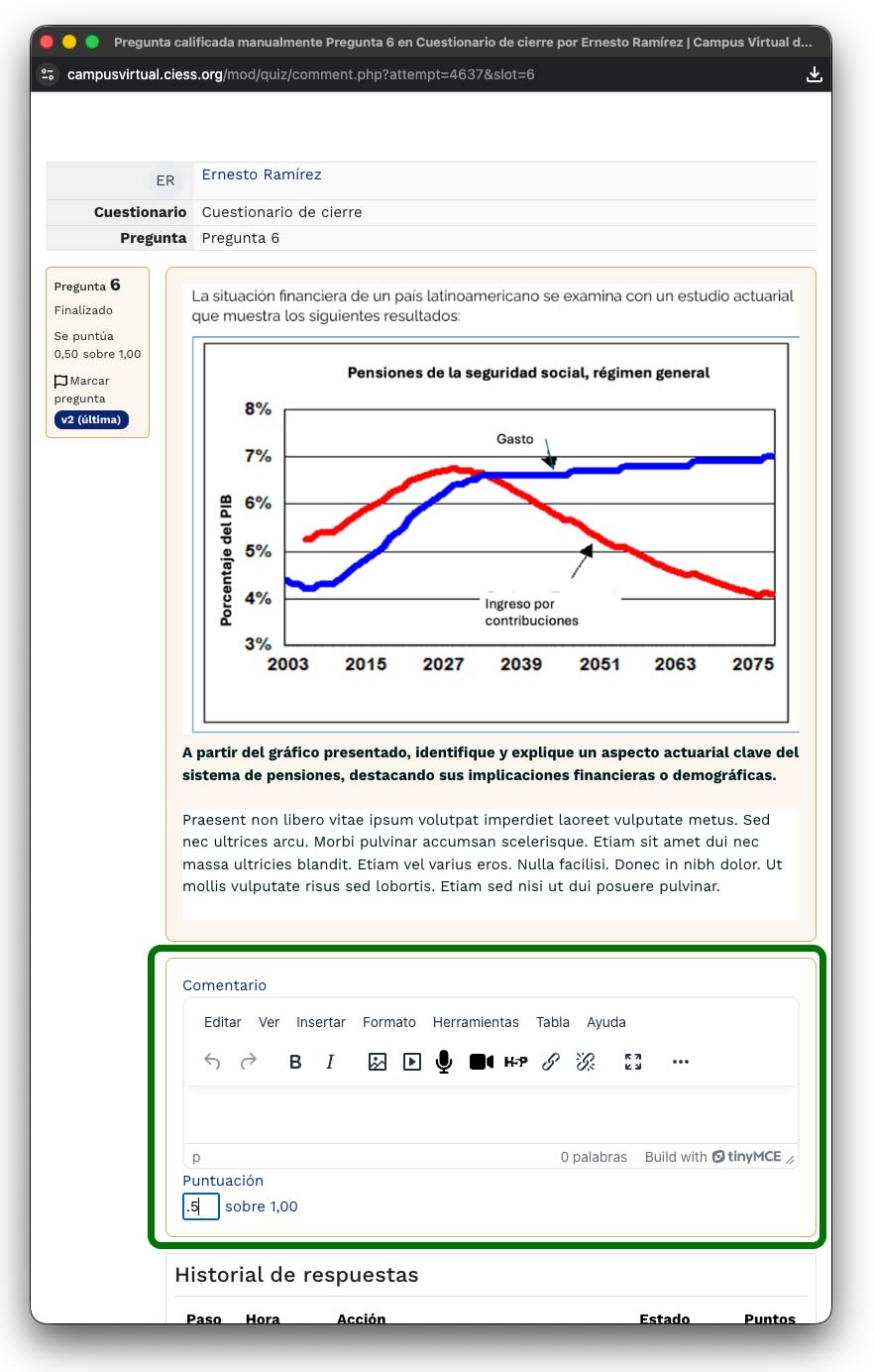 Panel de calificación con comentario y puntuación