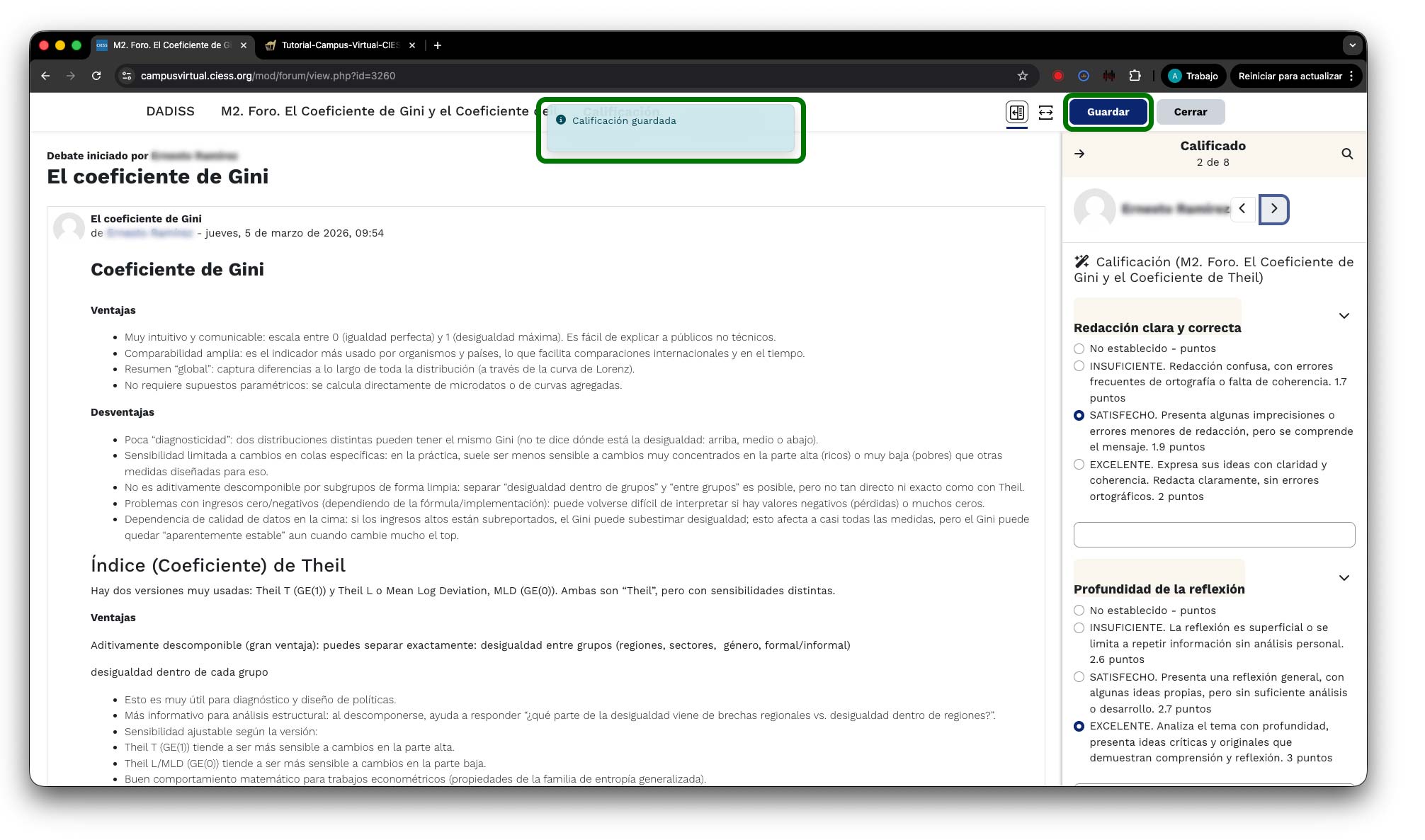 Notificación de calificación guardada