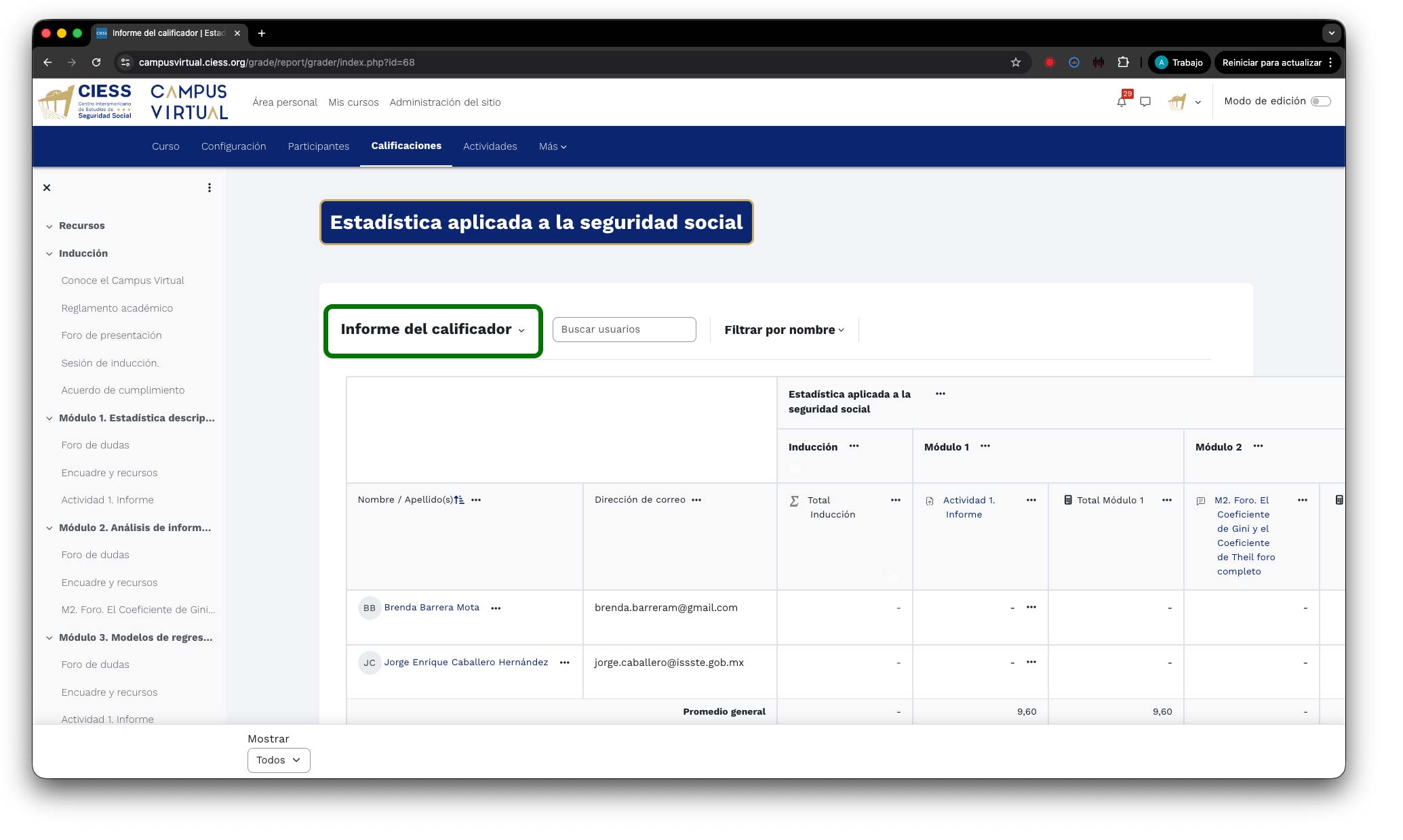 Menú desplegado desde Informe del calificador