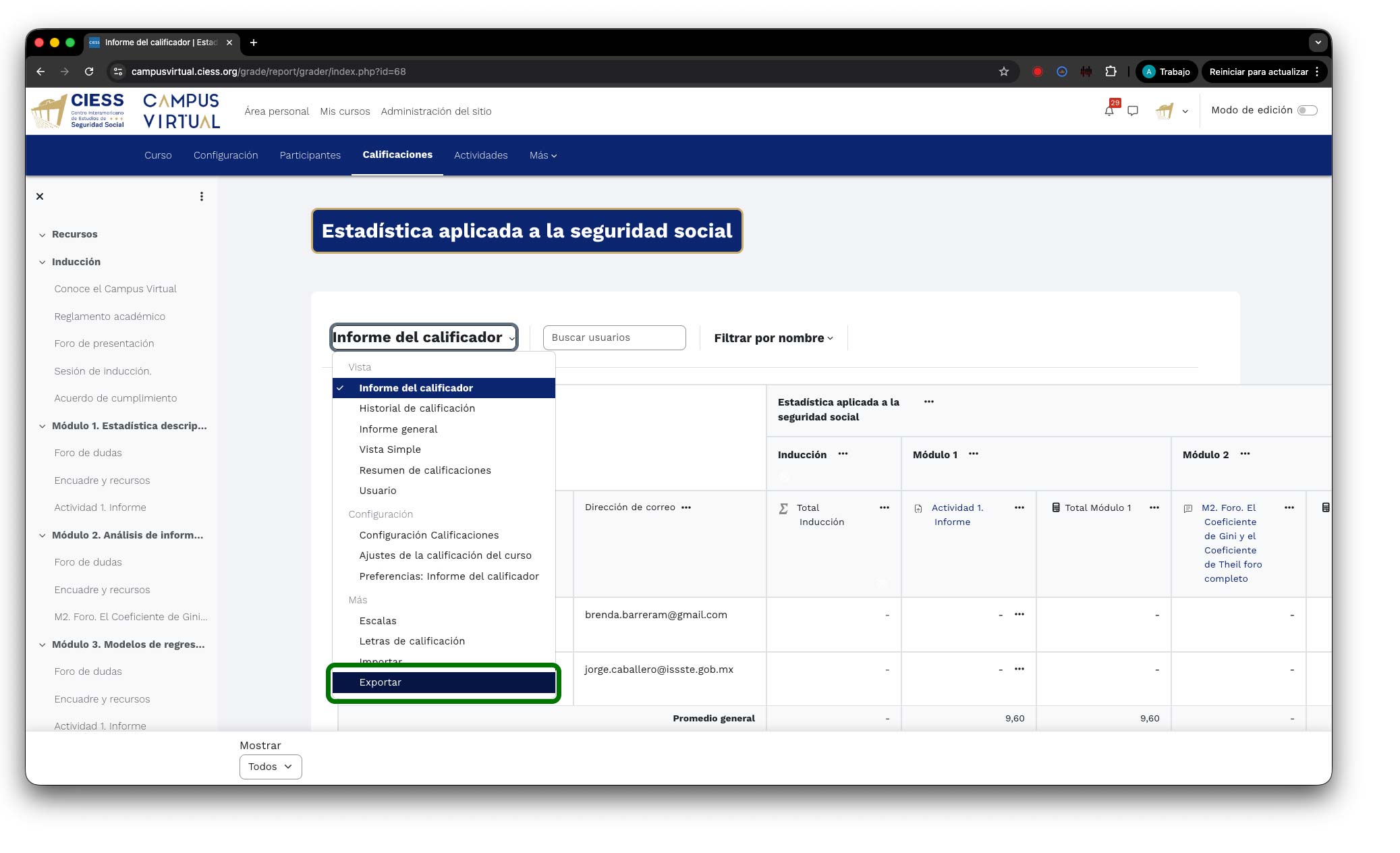 Opción Exportar en el menú