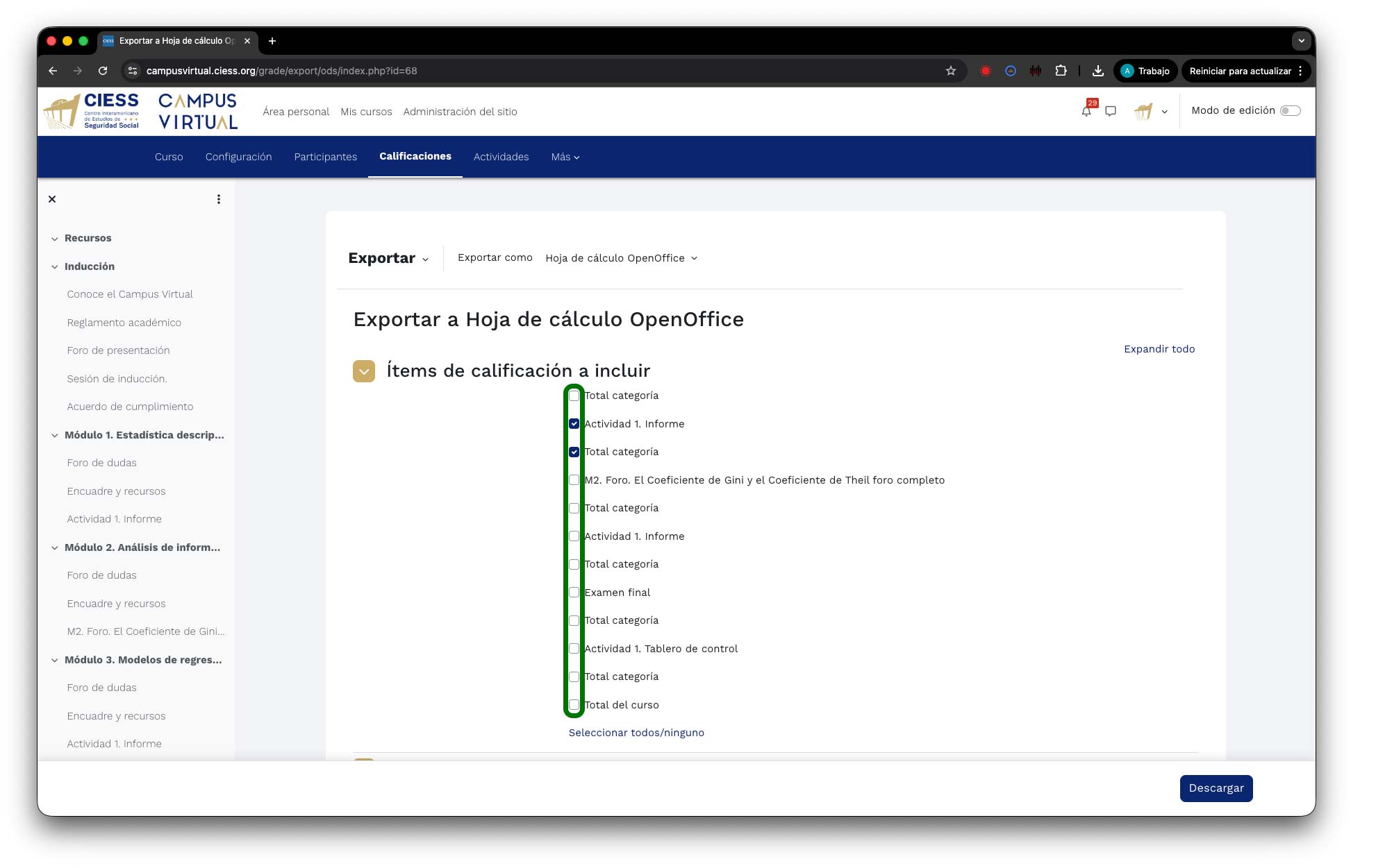 Selección de elementos de calificación