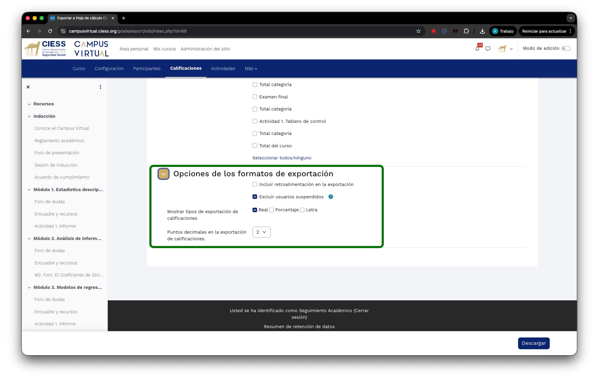 Opciones de formato de exportación