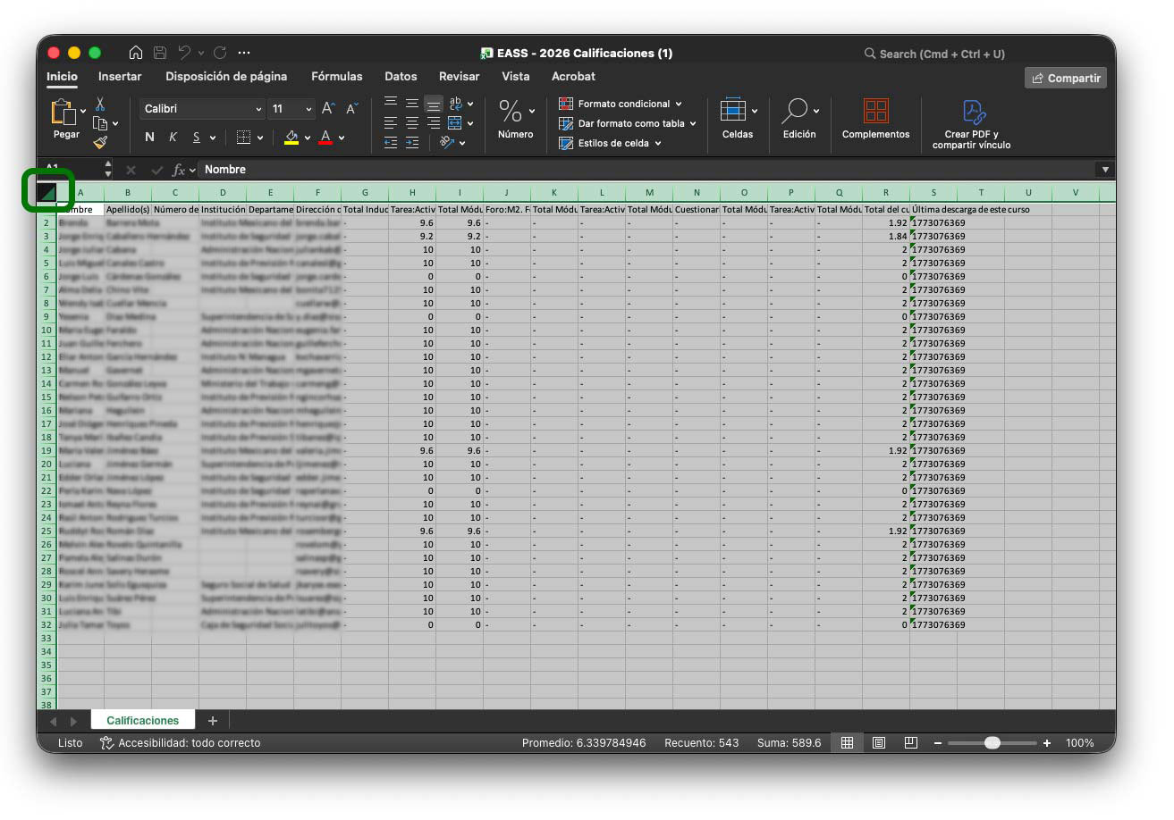 Archivo Excel con calificaciones seleccionadas para copiar