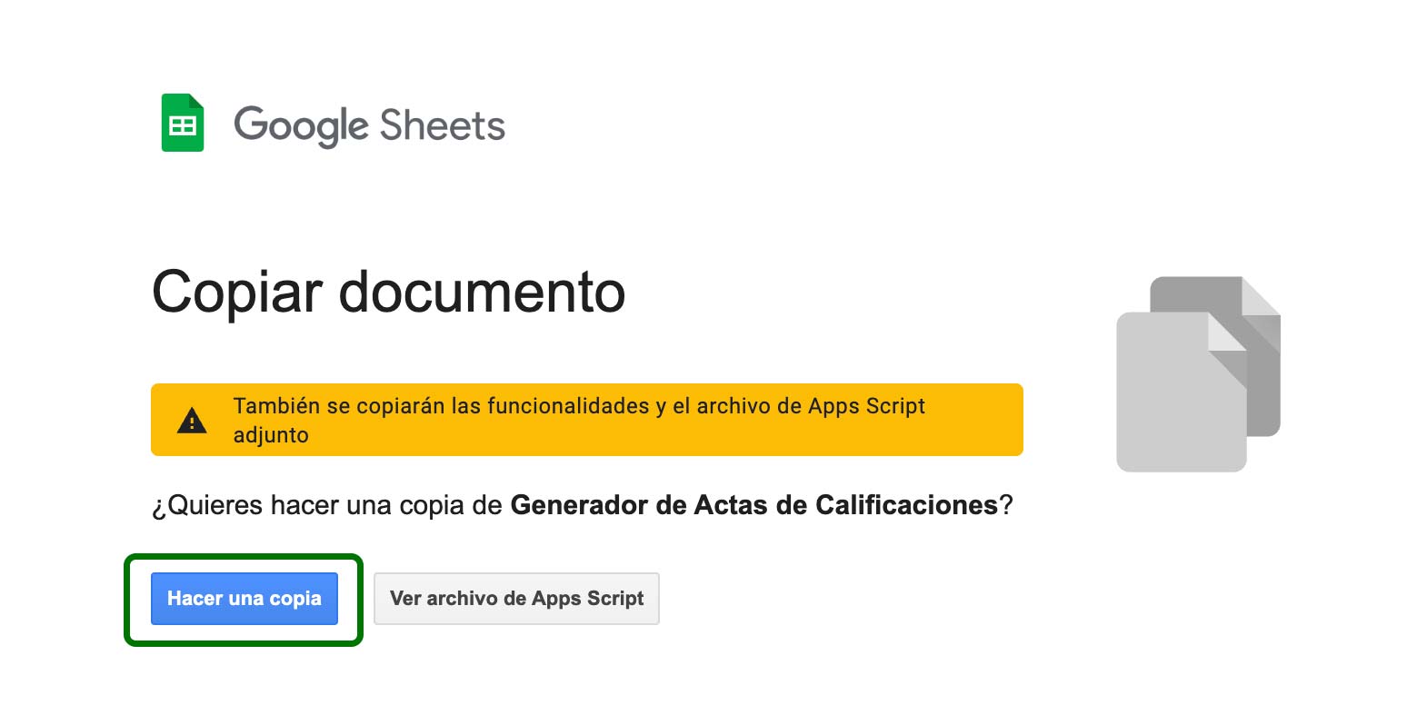 Diálogo para hacer copia del Generador de Actas