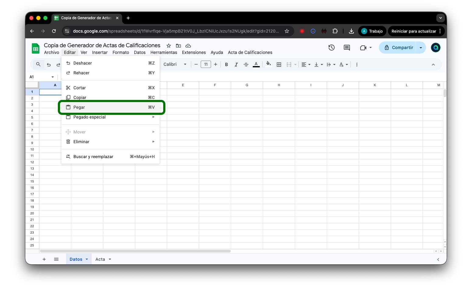 Menú Editar con opción Pegar en Google Sheets