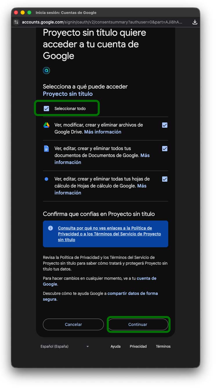 Pantalla de autorización de permisos de Google