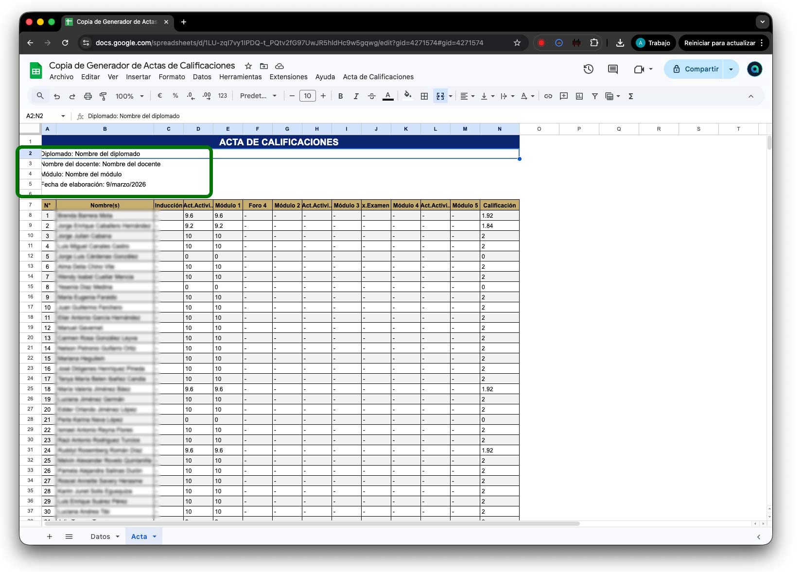 Acta de Calificaciones con campos para completar