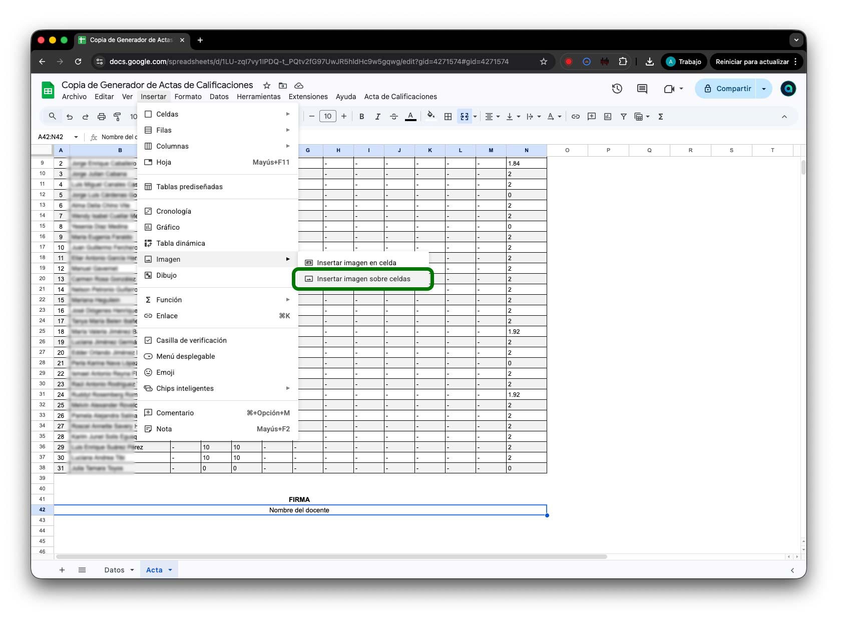 Menú Insertar con opción Insertar imagen sobre celdas