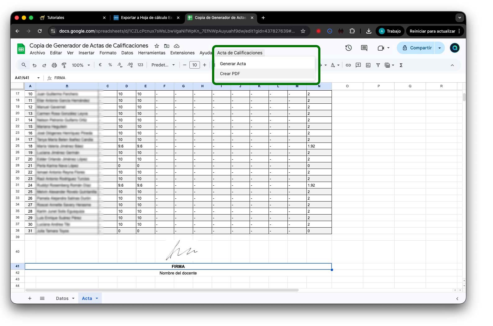 Menú Acta de Calificaciones con opción Descargar PDF