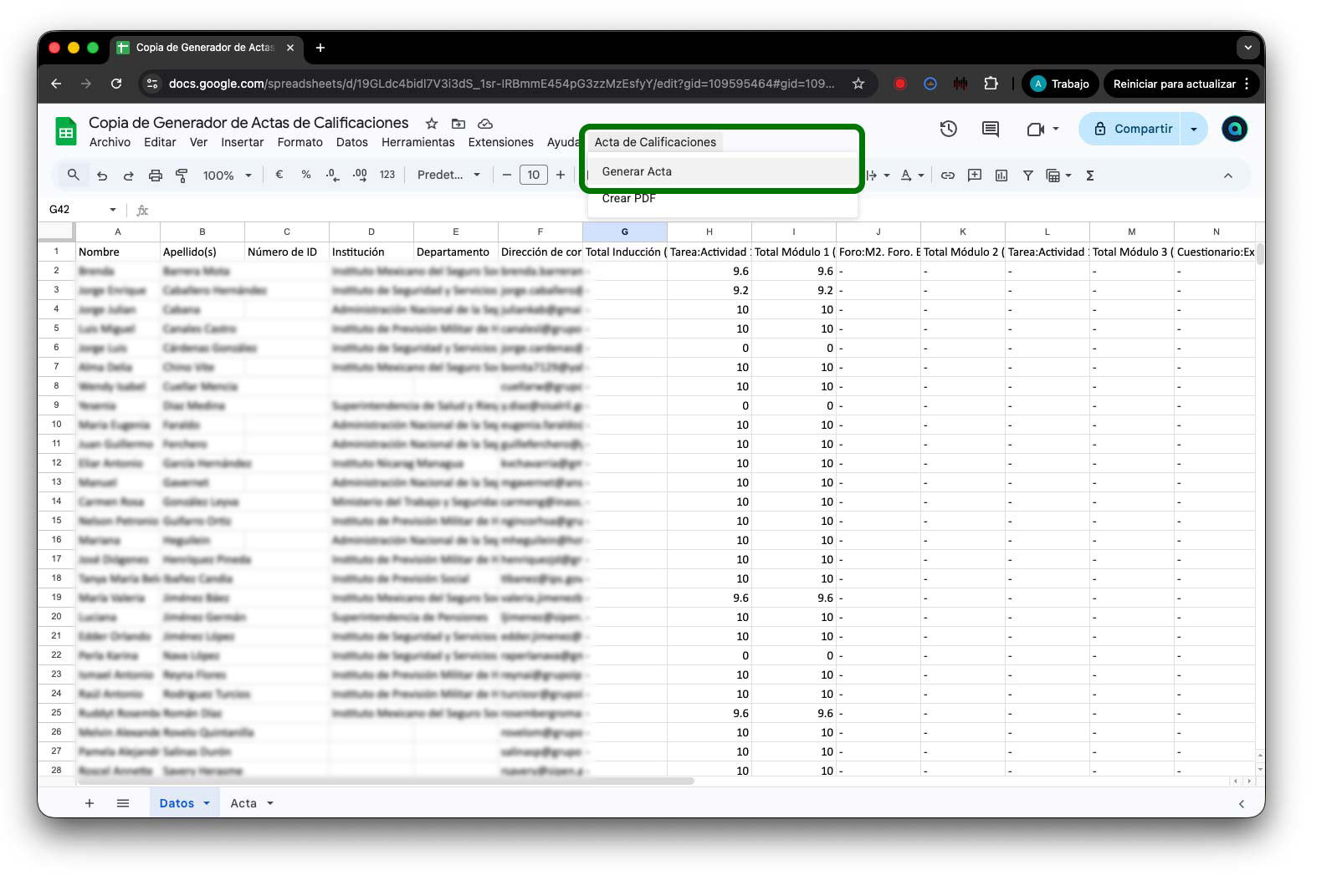 Menú Acta de Calificaciones con opción Generar Acta