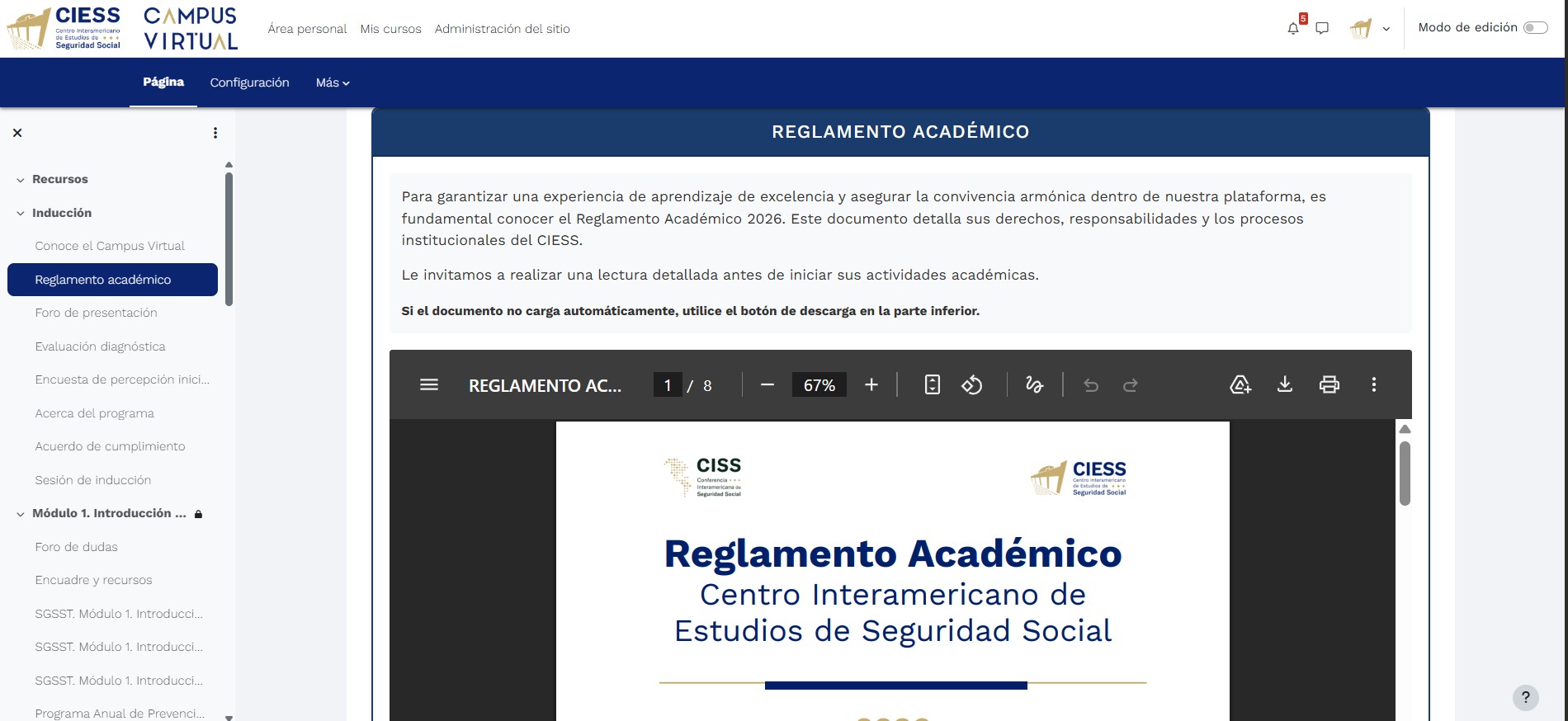 Sección Reglamento Académico con visor de PDF