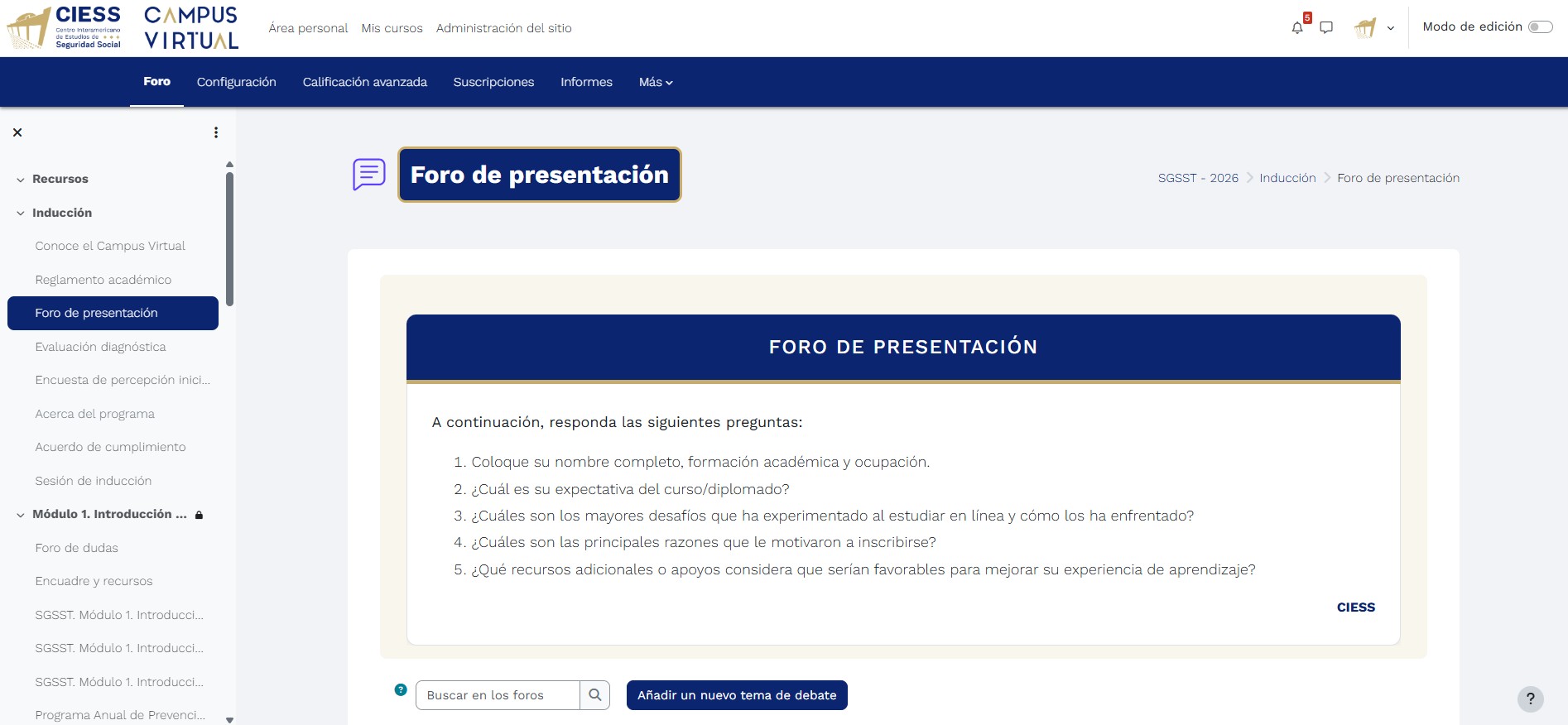 Foro de Presentación con preguntas de inducción