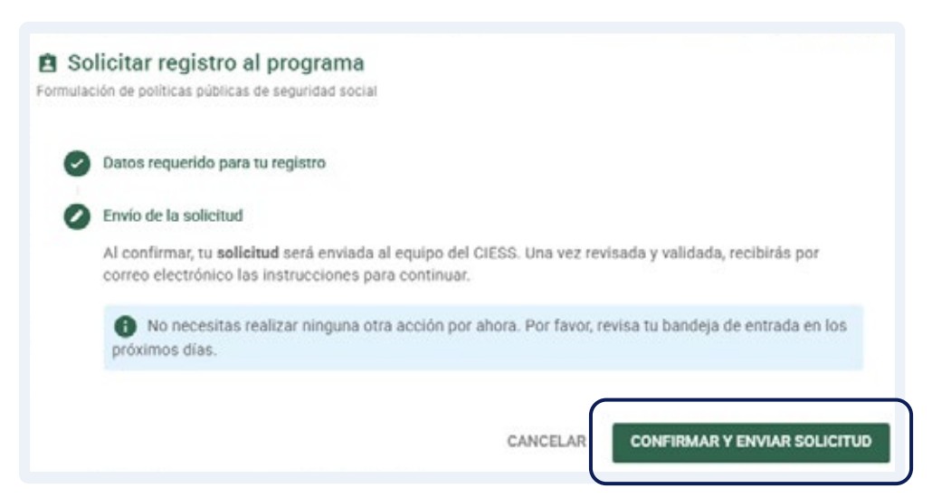 Botón CONFIRMAR Y ENVIAR SOLICITUD